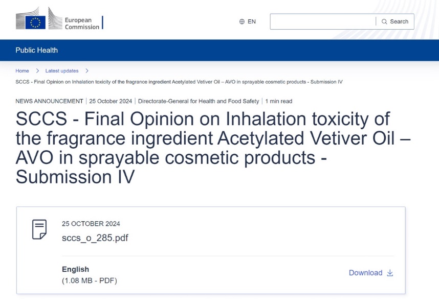 歐盟,SCCS,乙?；鶐r蘭草油,AVO),噴霧,化妝品,毒性